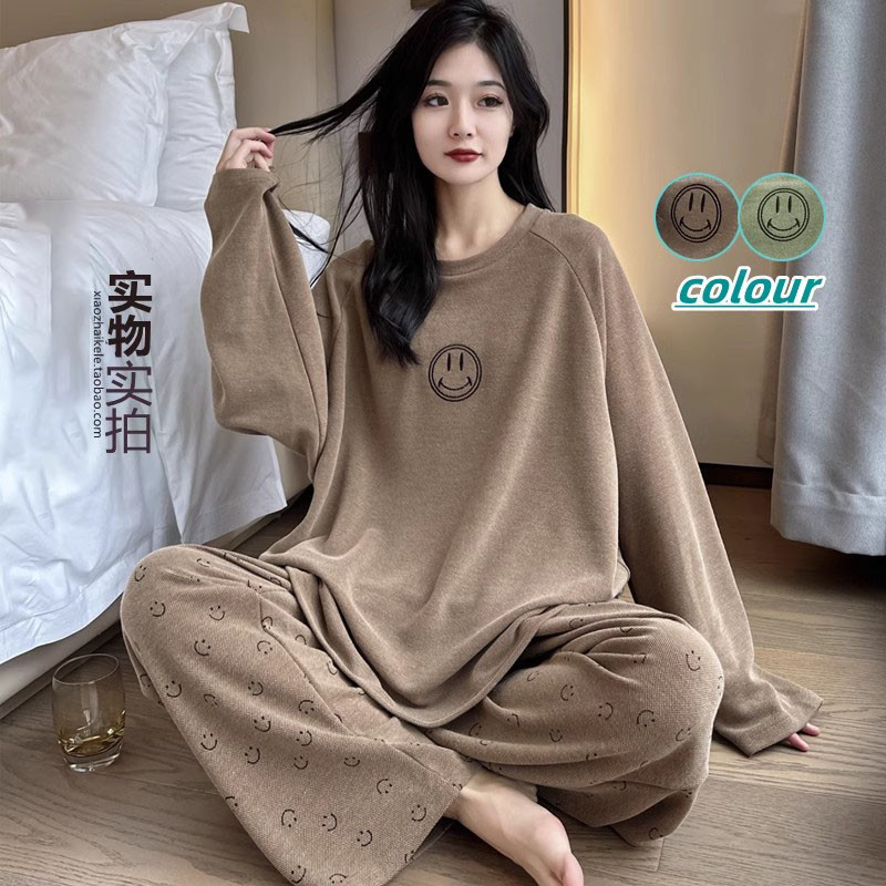 维多利亚纯棉睡衣女春秋季加厚笑脸200斤大码胖MM宽松家居服套装