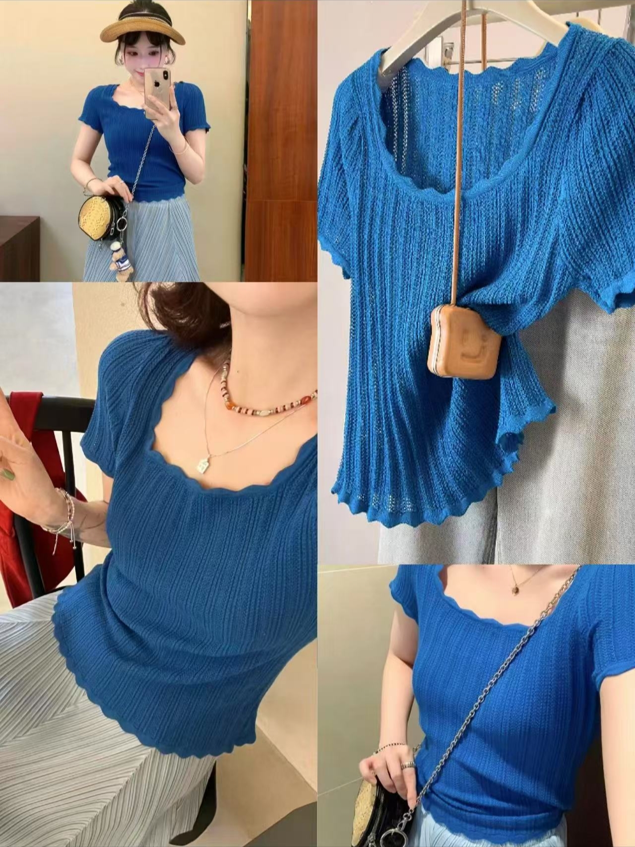 大码镂空波浪边洋气方领设计感时尚T恤显瘦百搭宽松女短袖针织衫