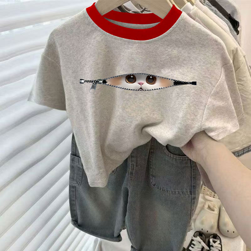 女童短袖T恤夏季2025新款洋气猫咪衣服男童纯棉半袖上衣儿童夏装