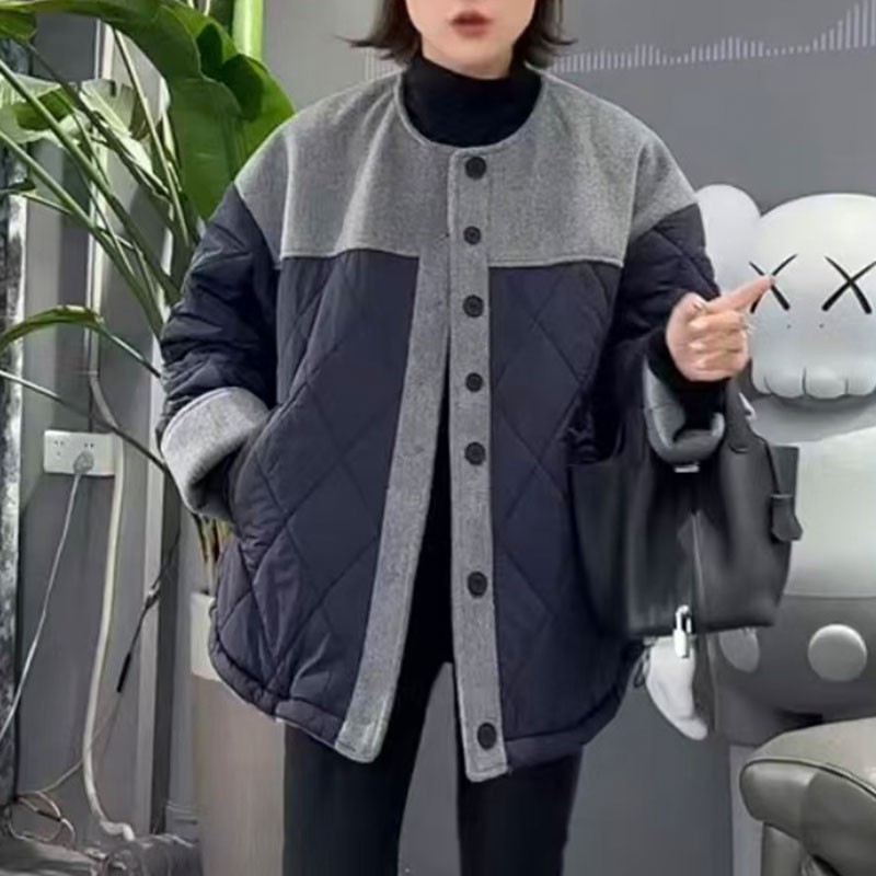 时尚萎格纹加厚外套女2025秋冬新款设计感撞色拼接圆领棉服