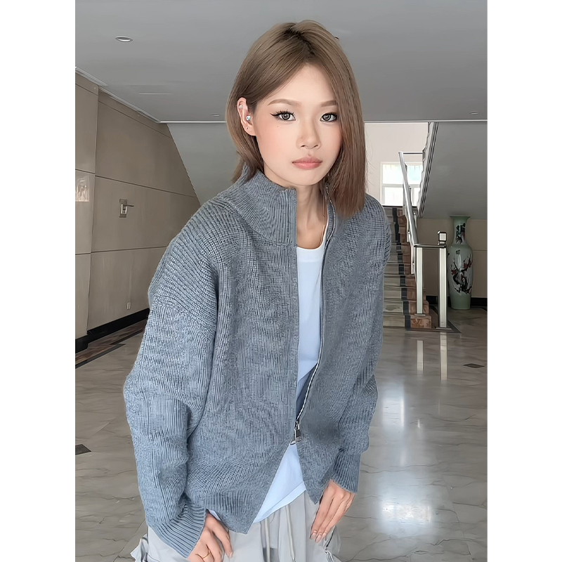 纯色立领毛衣外套男款秋冬季夹克拉链开衫宽松美式休闲潮牌针织衫