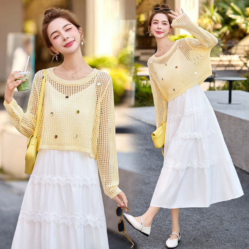法式气质连衣裙女2025秋季新款针织罩衫度假温柔风吊带裙两件套潮