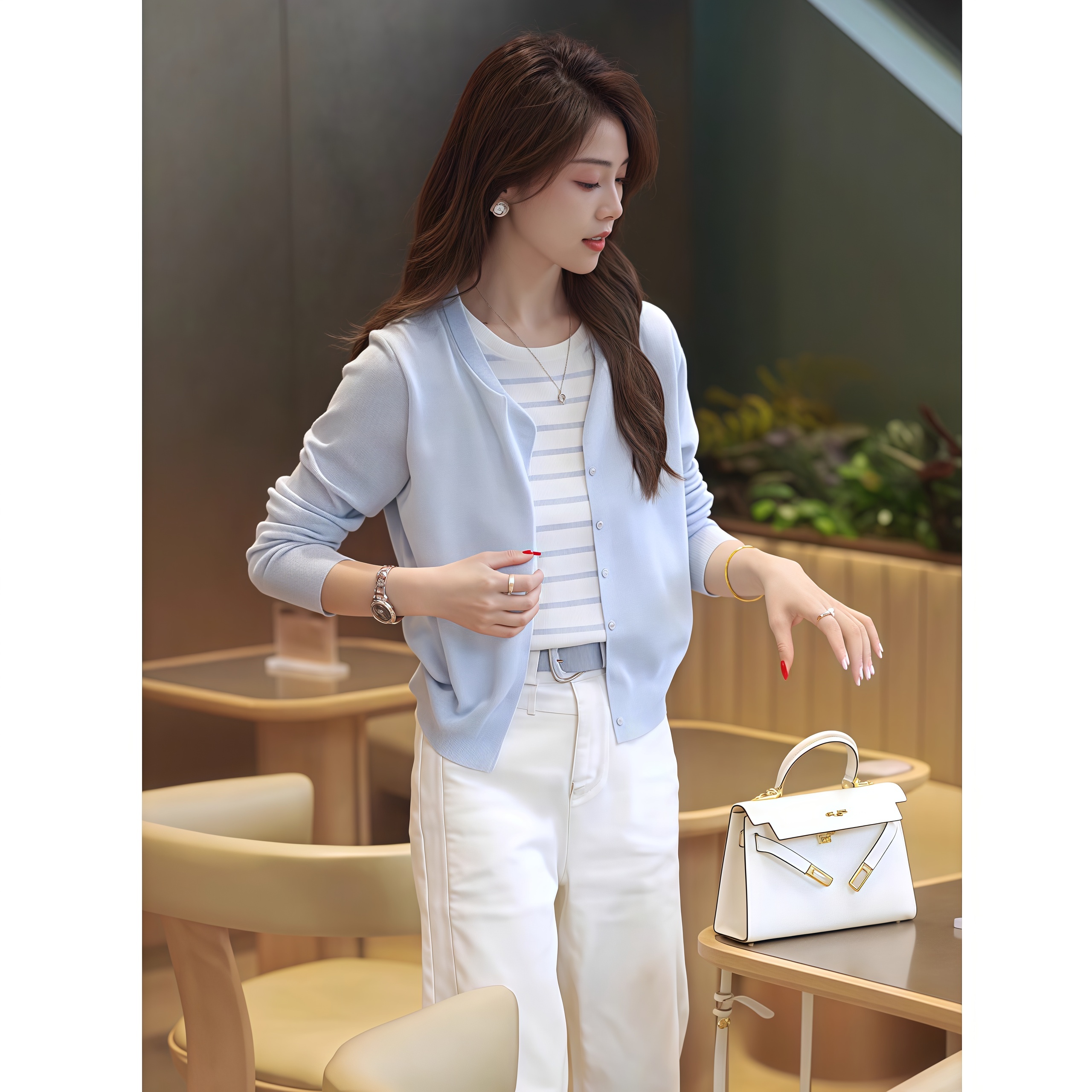 春秋季新款小清新减龄撞色条纹假两件针织开衫女韩系简约休闲上衣