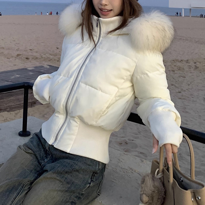 2025冬季新款美式辣妹毛领连帽加厚棉服女甜美韩版收腰短款棉衣潮