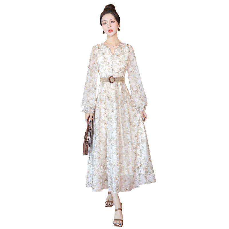 丝柏舍2025春装新款女装时尚V领长袖法式碎花A字连衣裙S41B0332L