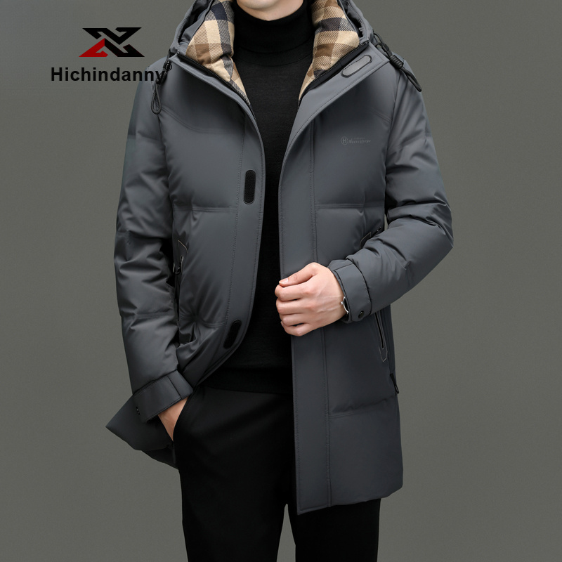HICHIN运动连帽中长款羽绒服男士冬季加厚保暖羽绒衣休闲防寒外套