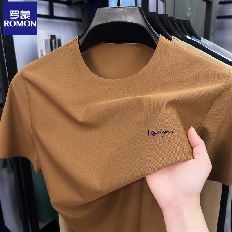 罗蒙锦氨冰丝短袖T恤男士速干夏季圆领潮流百搭休闲半袖凉感上衣