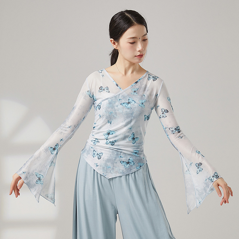 古典舞蹈服蝴蝶印花身韵纱衣中国舞民族舞蹈服练功服艺考上衣