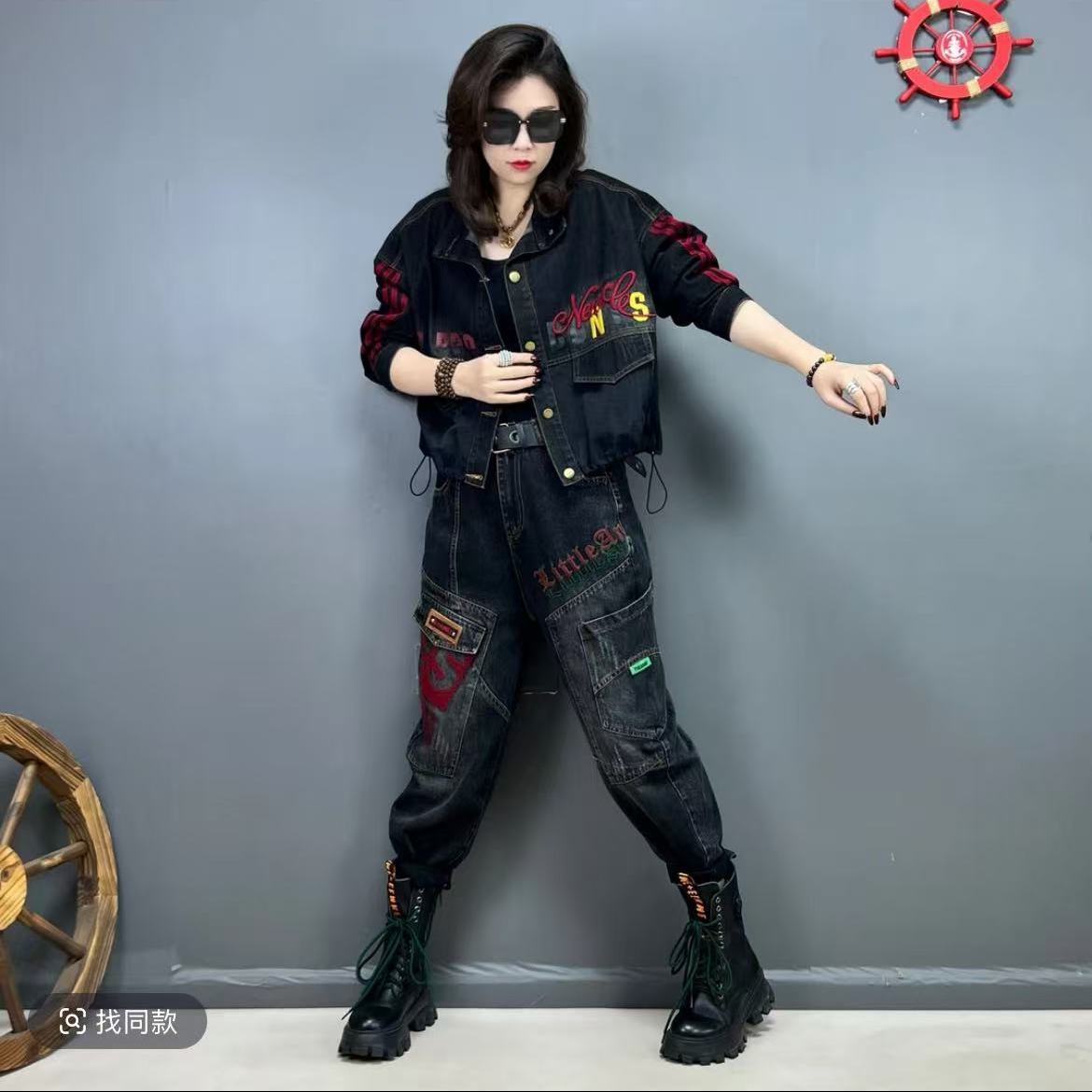 欧货春装新款时尚刺绣牛仔套装女减龄复古宽松外套显瘦哈伦牛仔裤