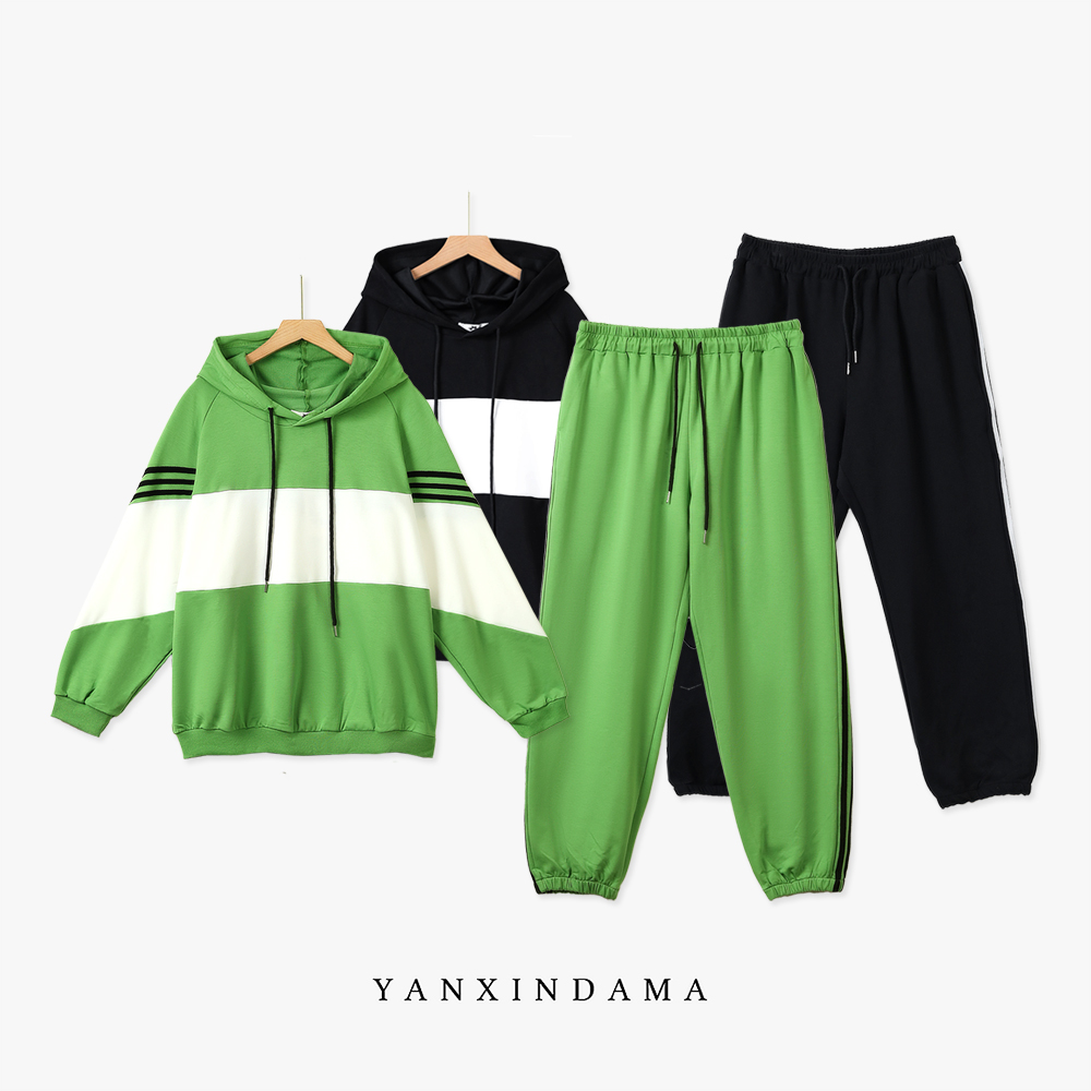 大码女装300斤胖MM时尚简约百搭洋气宽松撞色休闲套装60635