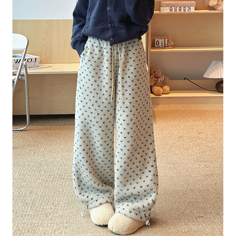 慵懒风羊羔毛波点休闲裤女秋冬2025新款小个子宽松加厚保暖阔腿裤
