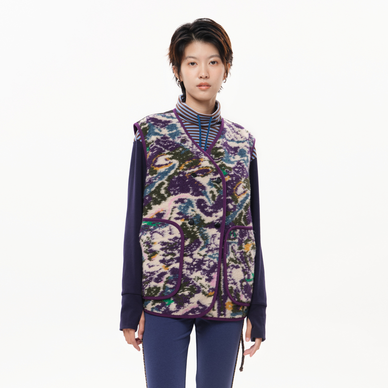 MOVEUP幻走2025冬季新款.FUN V领包边抽绳短款毛呢马夹3EWD61001