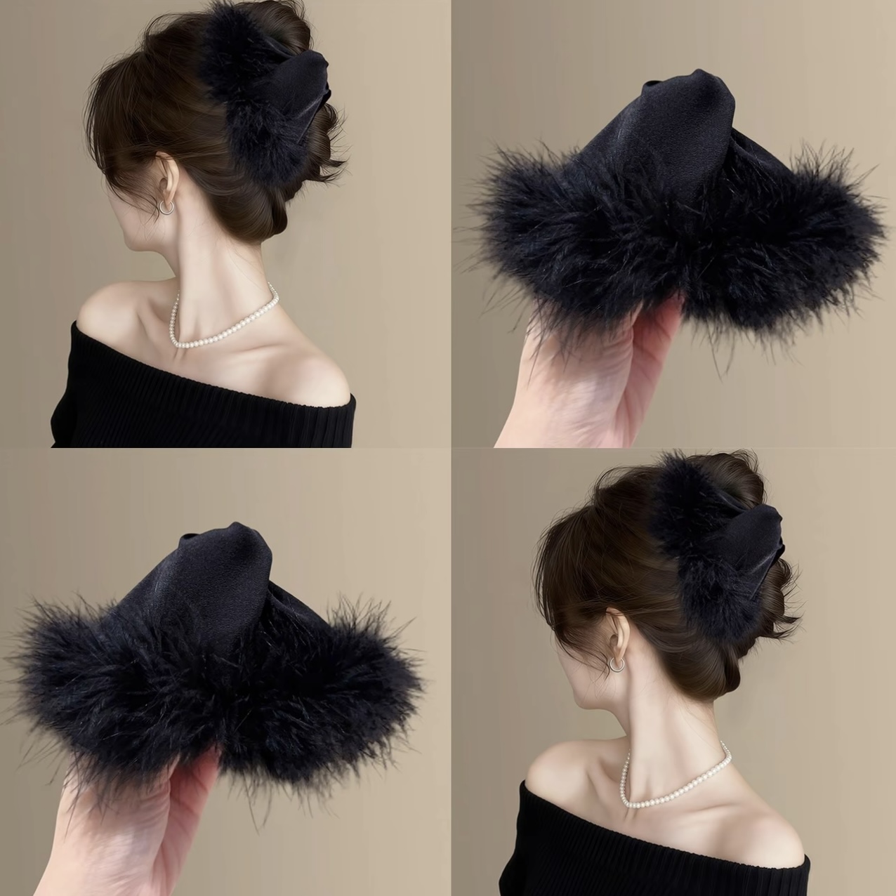 「黑天鹅」纯欲黑色羽毛三角抓夹高级感秋冬新款发量多鲨鱼夹头饰