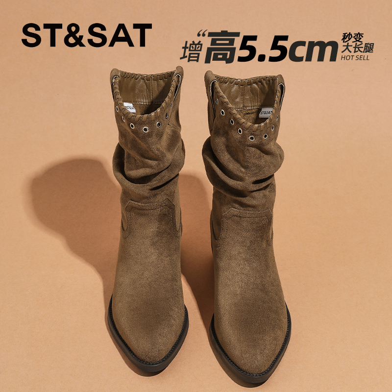 星期六尖头女靴褶皱堆堆靴女2025新款秋季粗跟短靴手工缝线骑士靴