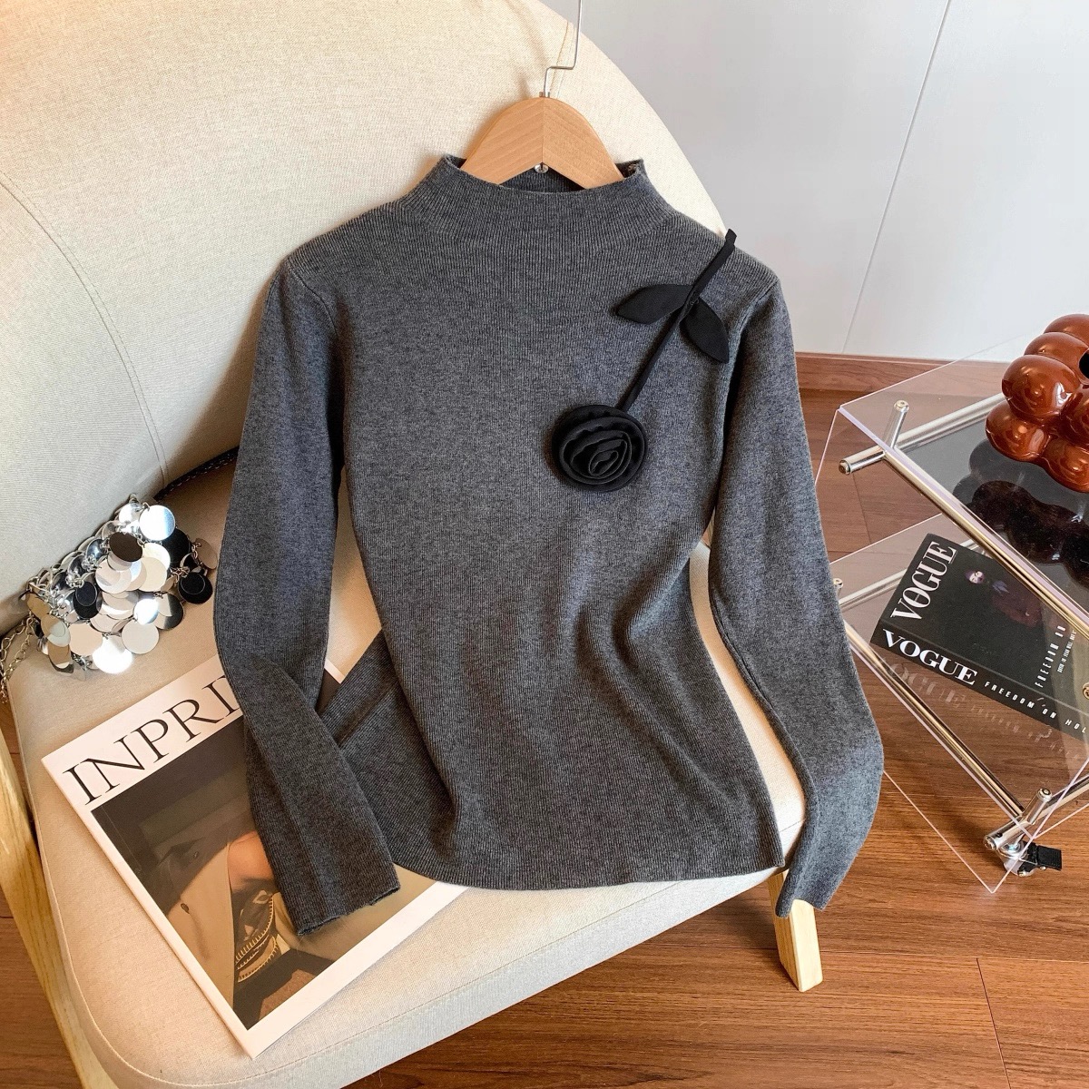 法式半高领立体花朵打底针织衫女2025早秋新款套头设计感洋气上衣