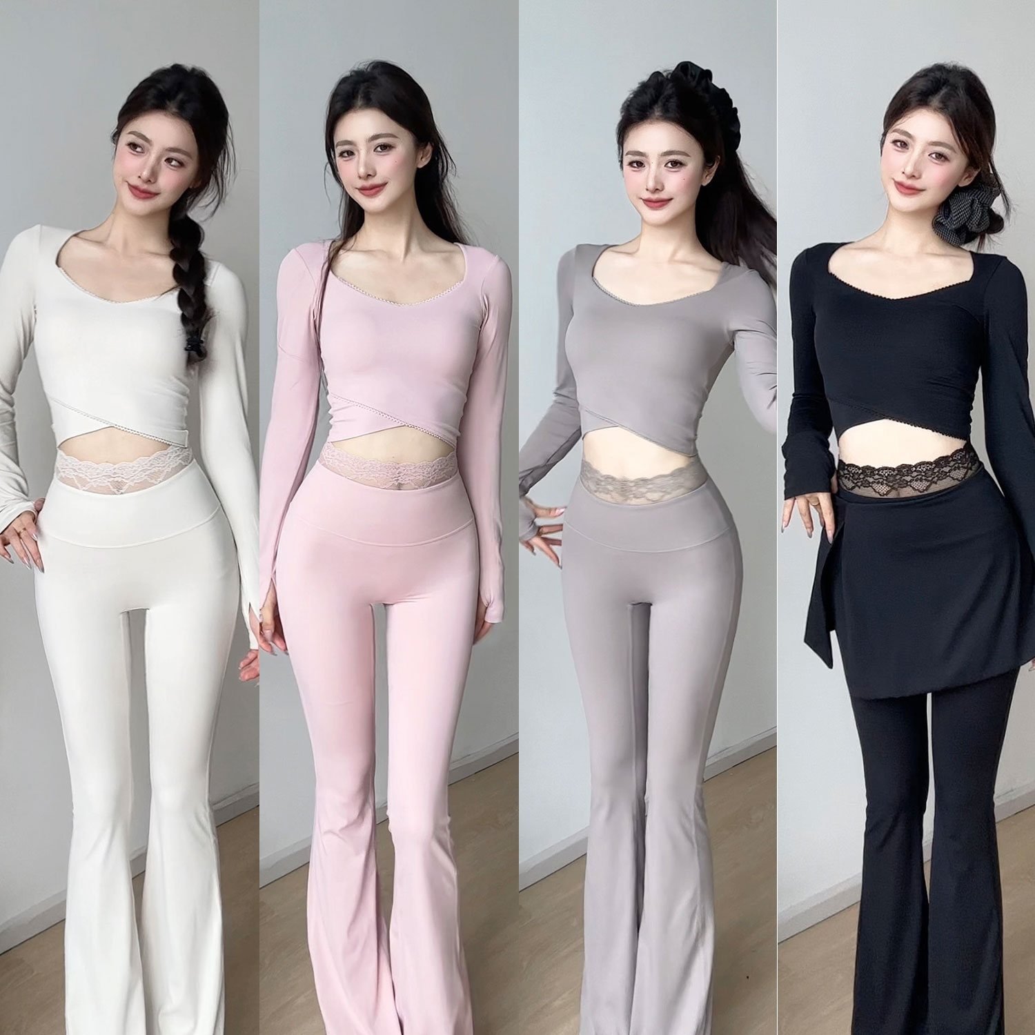 gogoyoga秋冬瑜伽服套装带胸垫透气长袖上衣高腰微喇裤短裙可拆卸