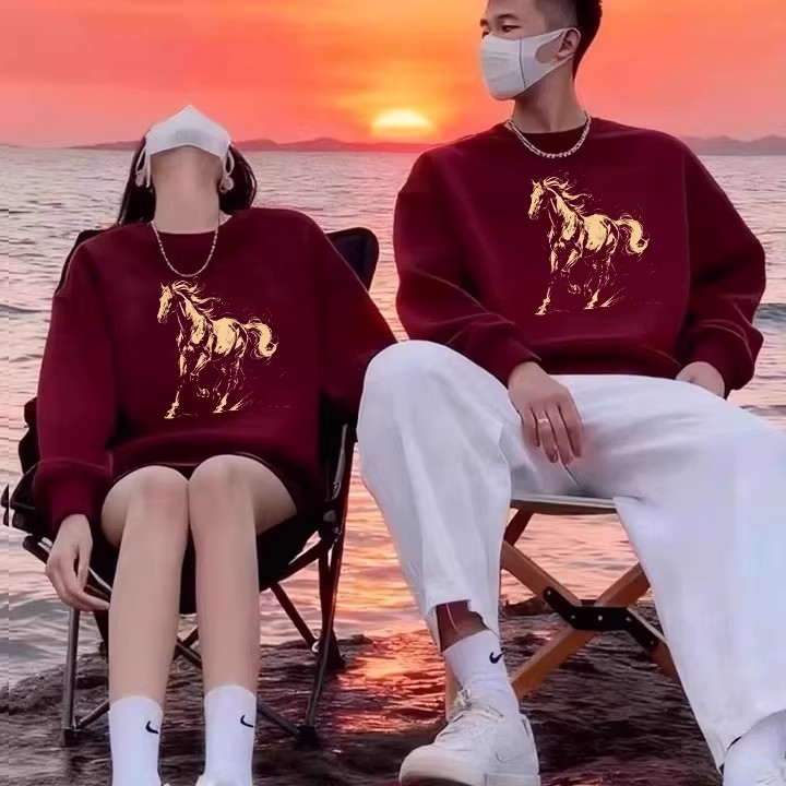 仓石一树潮牌红色马年圆领卫衣男士加绒宽松休闲保暖痞帅时尚上衣