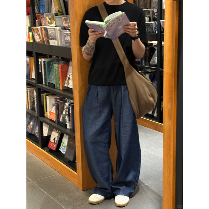 深蓝色莱赛尔天丝软牛仔裤男生夏天薄款冰丝裤子慵懒松弛感阔腿裤