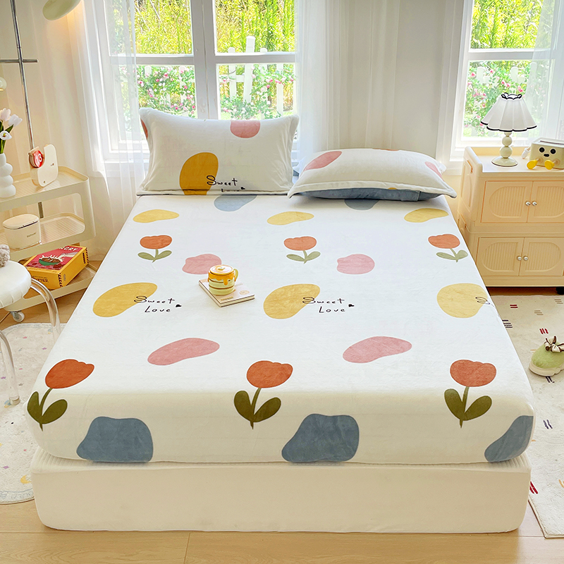 新款高克重加厚牛奶绒床笠印花柔软亲肤裸睡保暖牛奶绒床笠防滑床
