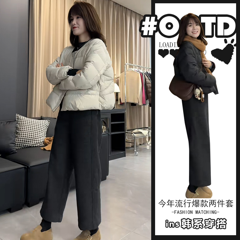 2025冬新款韩版宽松短款棉服外套搭高腰加绒休闲裤盐系简约两件套