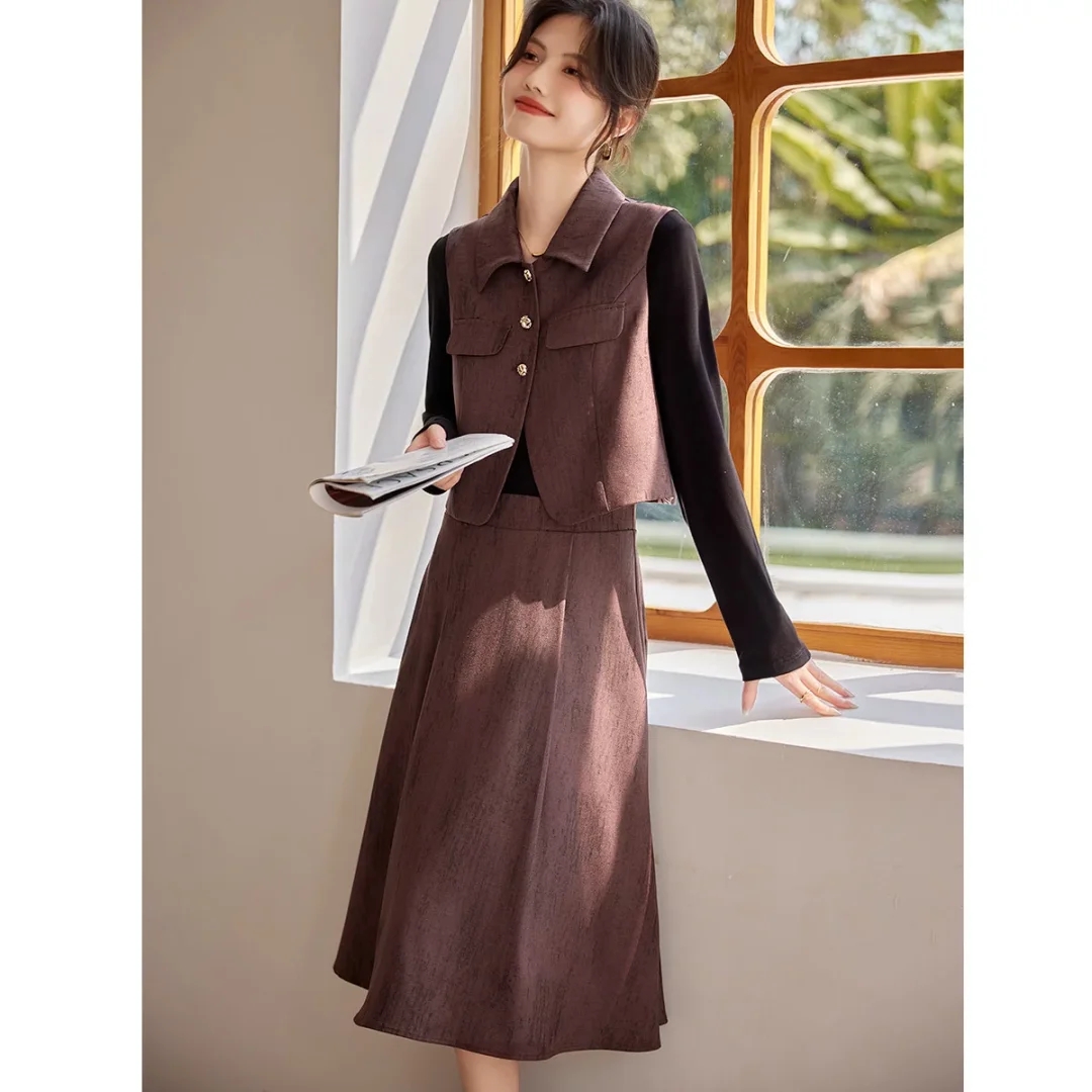 D112 老钱风时尚气质套装春季百搭翻领小马夹A字裙两件套女套裙子