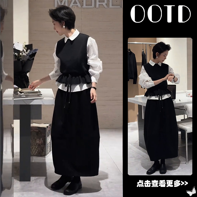 秋冬流行穿搭一整套女2025新款翻领衬衫叠穿针织背心半身裙三件套