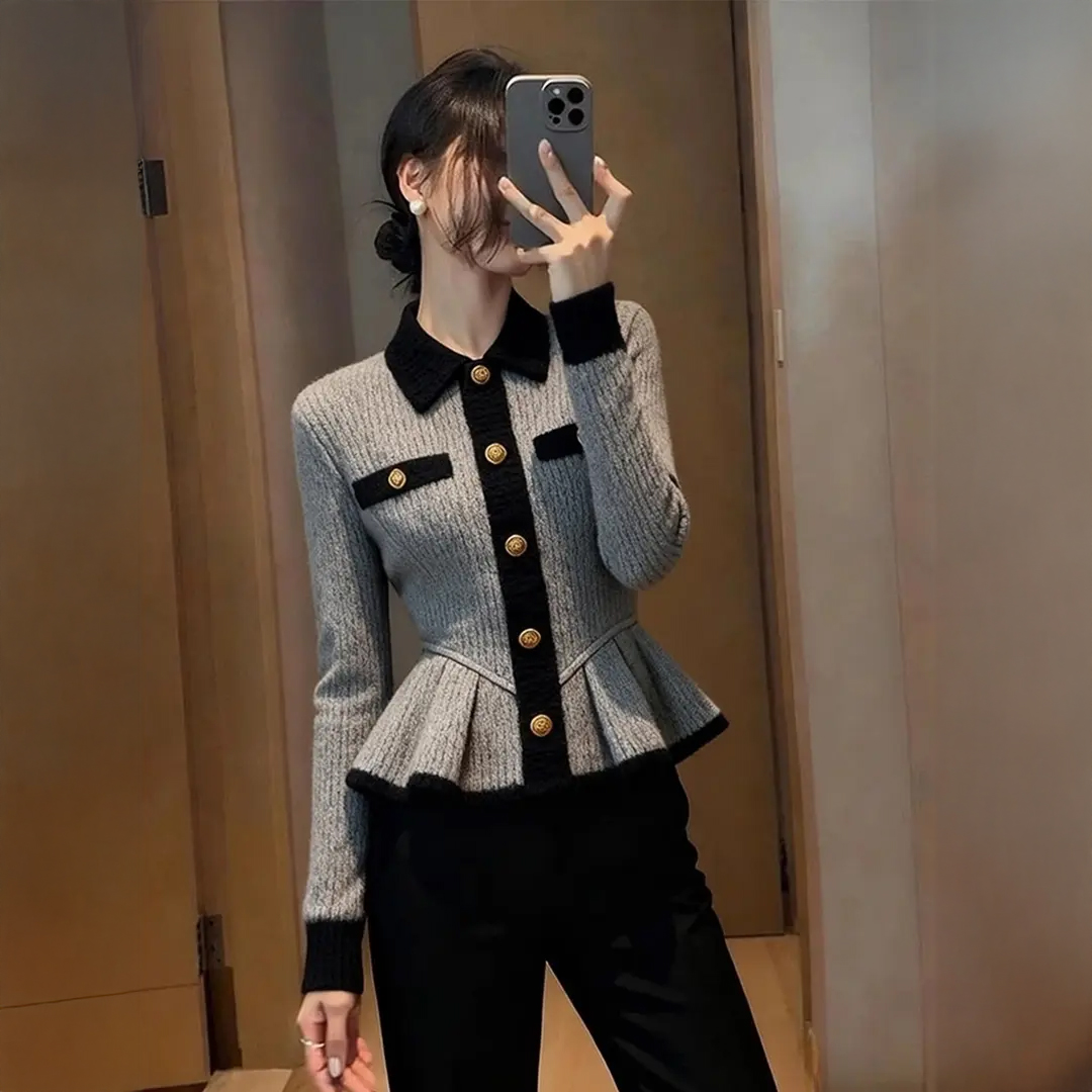 灰色拼接毛衣女秋冬季巨好看轻熟气质小众不撞款掐腰撞色针织外套