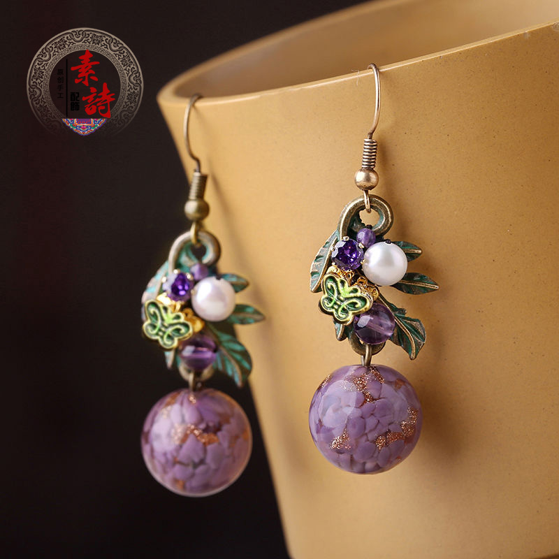 铜合金耳饰 原创琉璃紫色耳坠女复古精致汉服无耳洞耳坠古风耳环