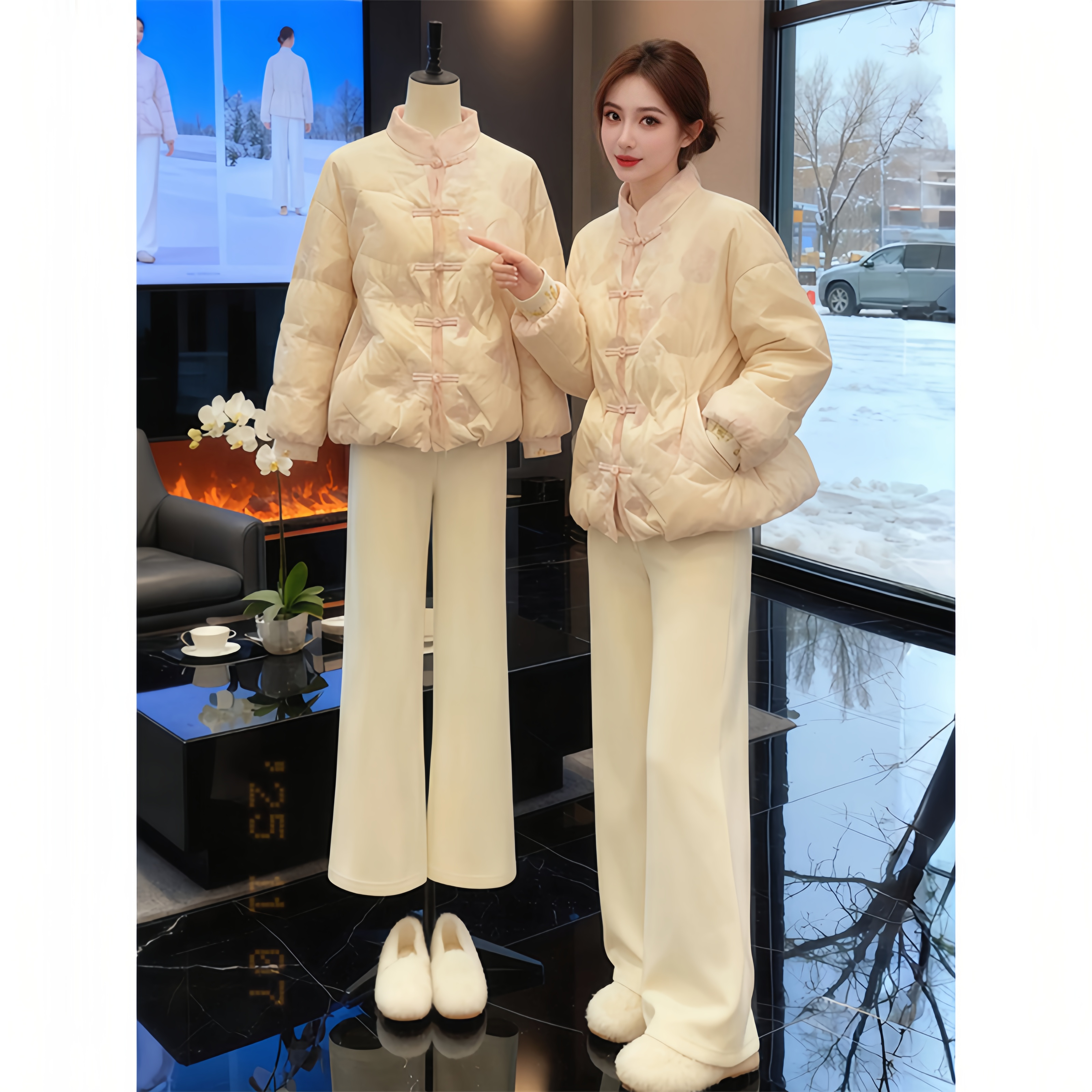 2025冬季新款新中式盘扣设计短款棉服女士高腰减龄阔腿裤时尚套装