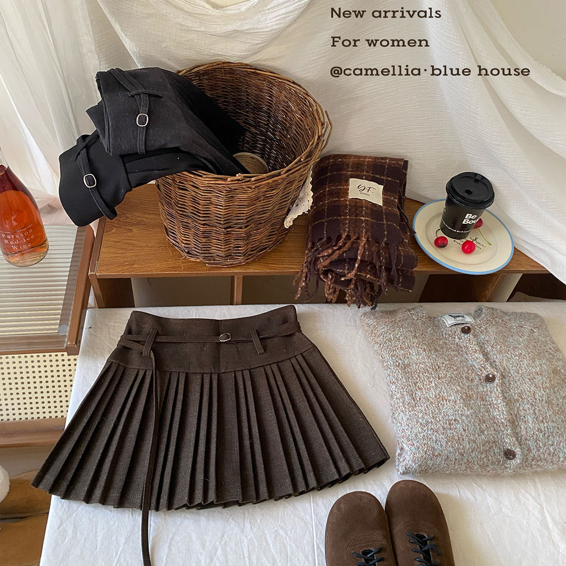 miu系复古纯色毛呢系带百褶裙女秋冬小众高腰显瘦休闲半身裙短裙