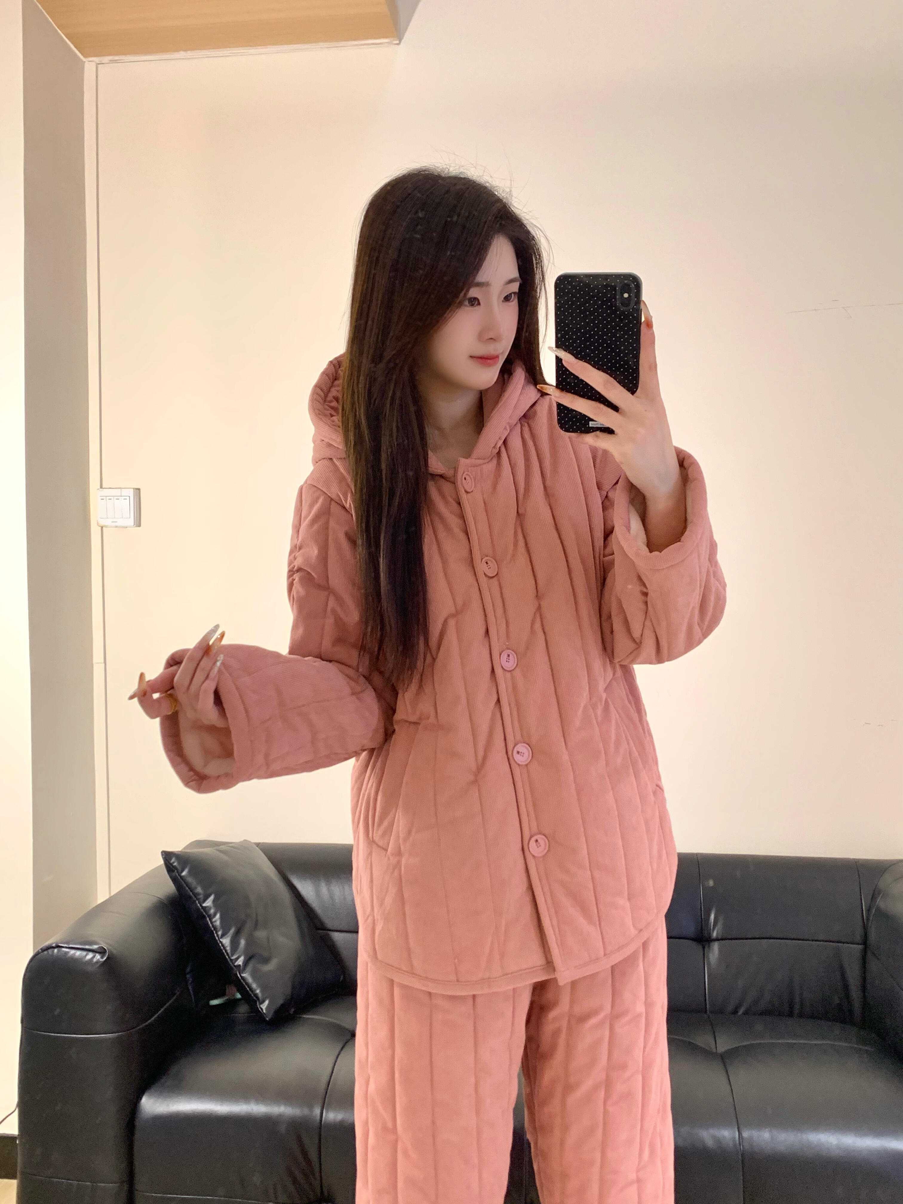 韩版连帽外套三层夹棉睡衣女秋冬加绒加厚粉色棉服保暖家居服套装