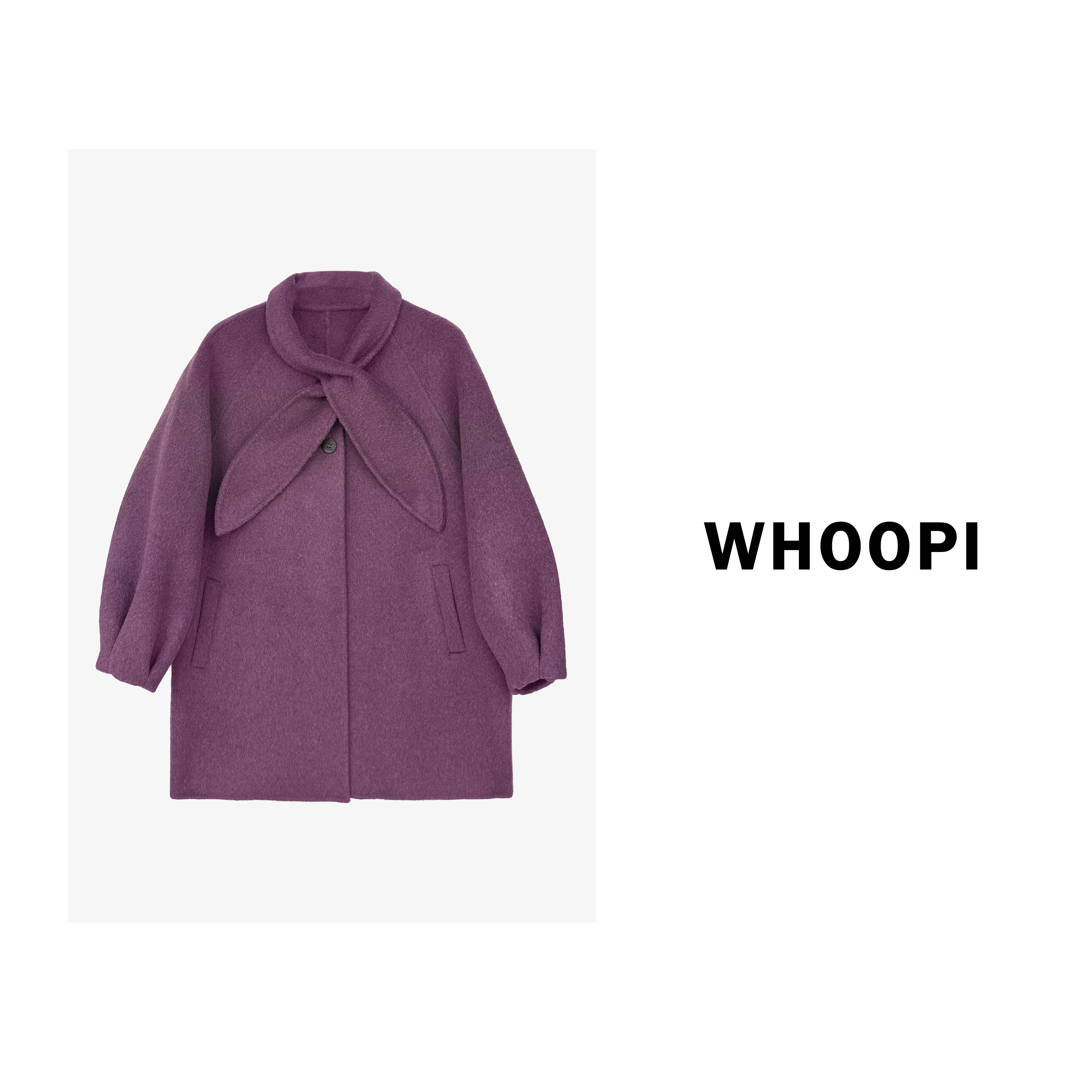 【Whoopi】【一眼惊艳】设计感兔耳朵领紫色双面羊毛大衣围巾毛呢外套