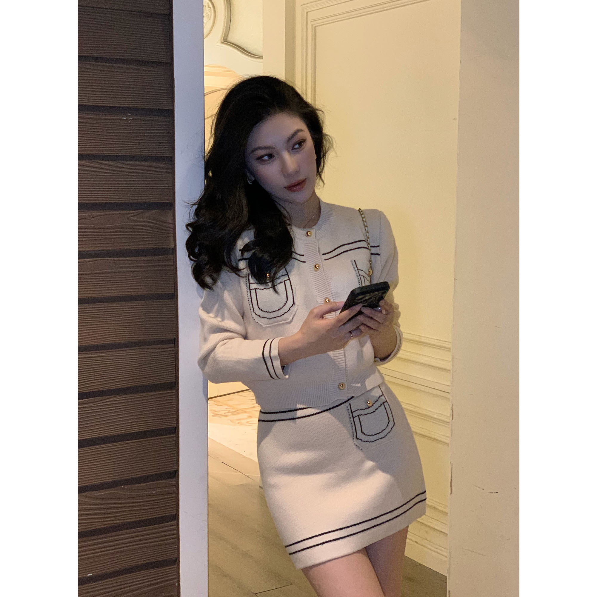 JIJINQI拼色线条小香风针织半裙秋冬时尚气质套装女 JD12TMPT1946