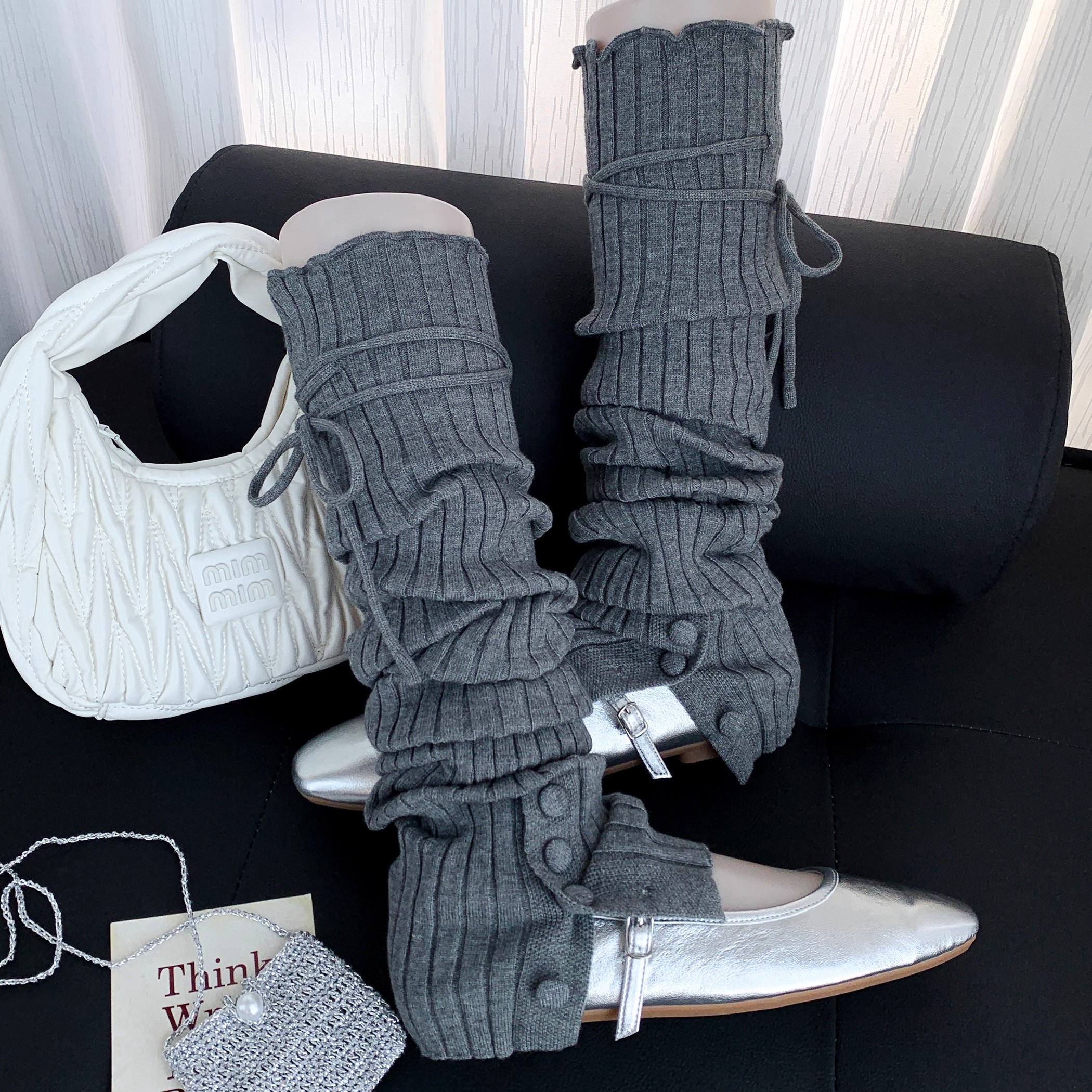 赵露思同款miu系灰色瑜伽绑带过膝保暖腿套女秋冬季针织堆堆袜套