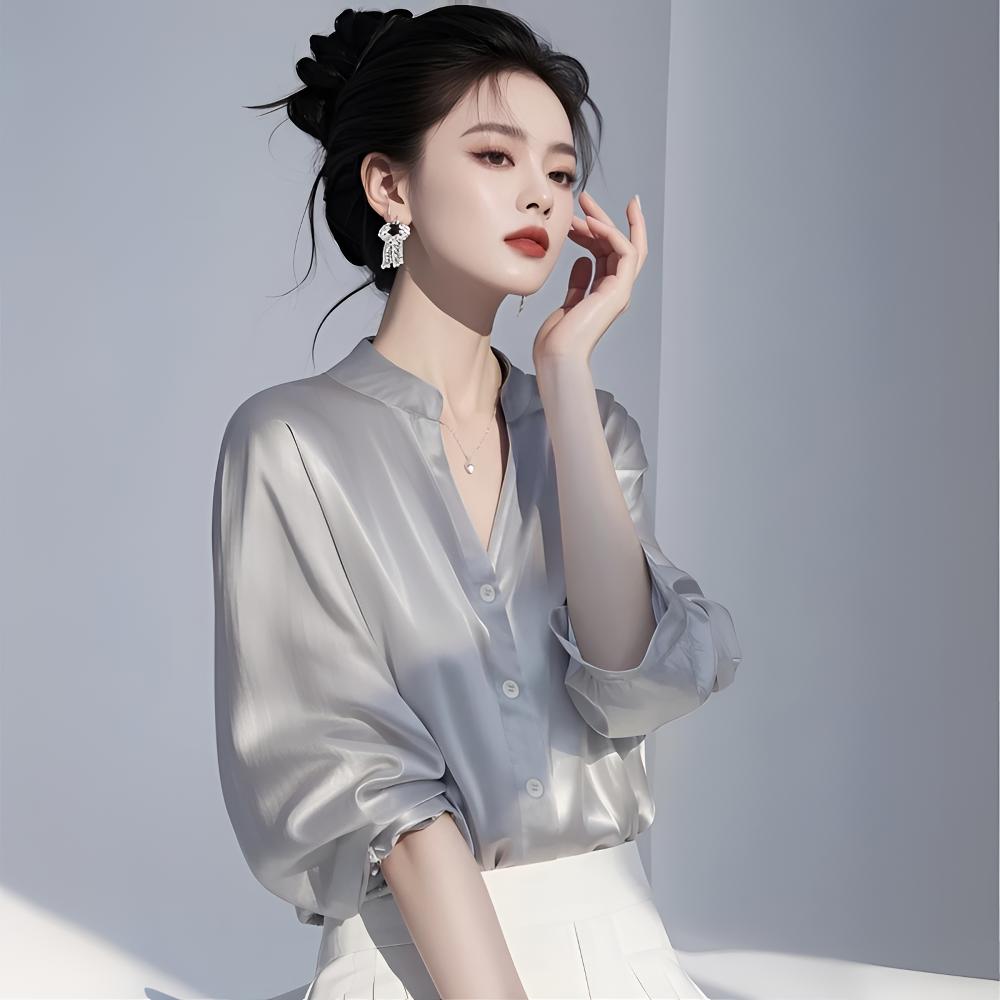 法式轻熟风七分袖衬衫衬衣女装夏季V领单排扣宽松洋气名媛雪纺衫