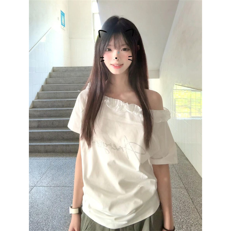 【ZHAP】花边领口斜肩露肩宽松短袖t恤女盐系韩版清新通勤风甜美风