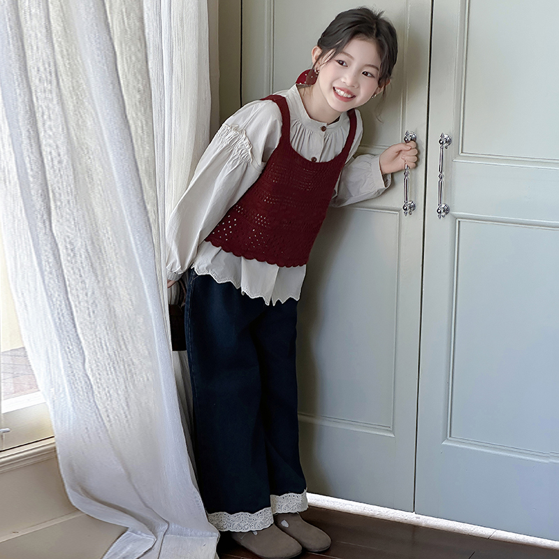 女童秋装套装2025新款韩版儿童针织马甲阔腿裤三件套女孩早秋衣服