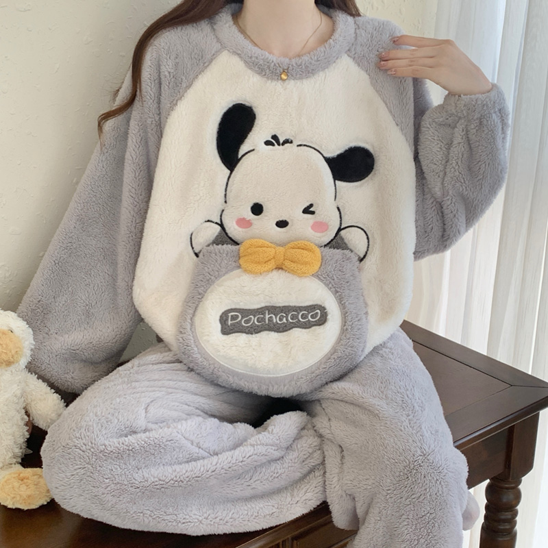 大码胖MM珊瑚绒法兰绒衣睡女冬季新款可爱卡通加厚加绒家居服套装