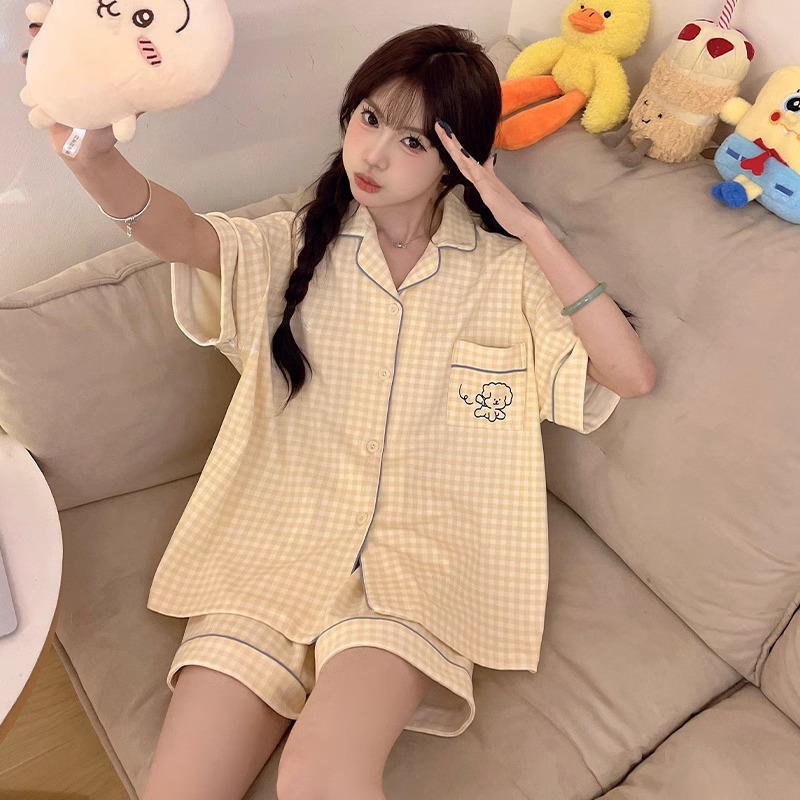 2025年新款夏季天睡衣女士格子短袖短裤大码可外穿家居服薄款套装