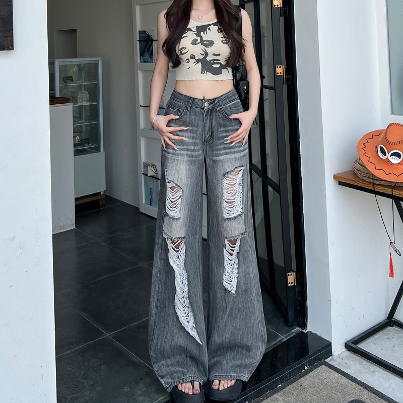 复古水洗灰色破洞牛仔裤女秋季2025新款高腰显瘦直筒裤阔腿拖地裤