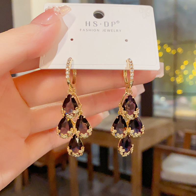 铜合金耳饰 欧美个性夸张镶钻925银针水滴流苏时尚百搭高级感耳坠