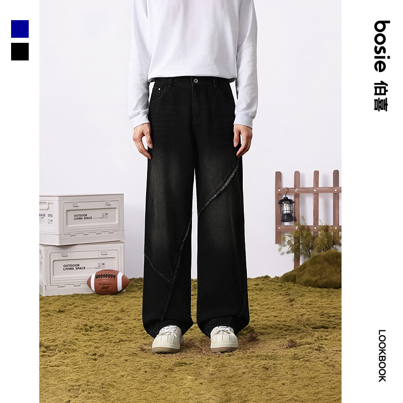 bosie伯喜2025年秋季新款不规则毛边牛仔裤男情侣微喇直筒裤子潮