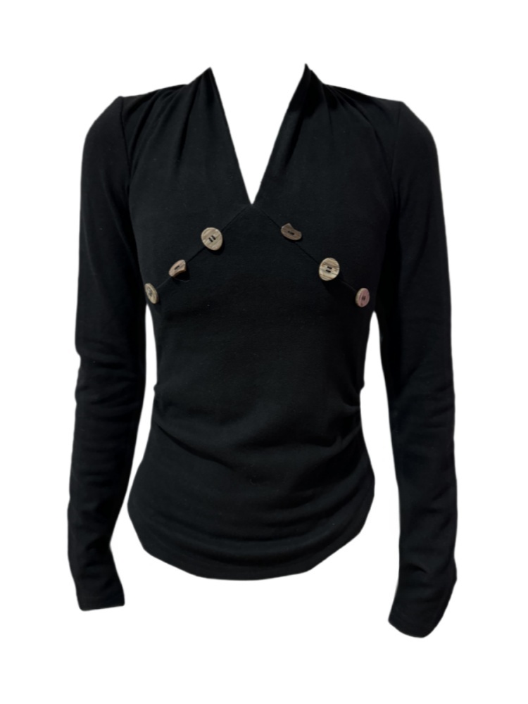 Amy家 微胖mm2025冬季新款v领保暖打底衫女设计感贝壳扣辣妹上衣