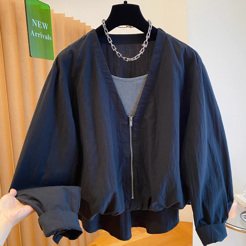 春秋季新品设计感小众假两件拉链V领衬衫女宽松短款开衫外套上衣