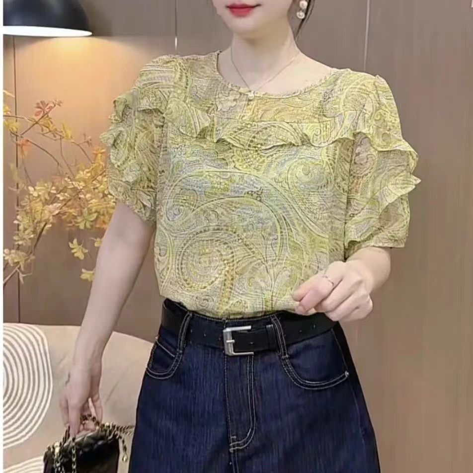 雪纺衫圆领荷叶边潮衬衫新款夏季上衣时尚2025年新款洋气减龄显瘦