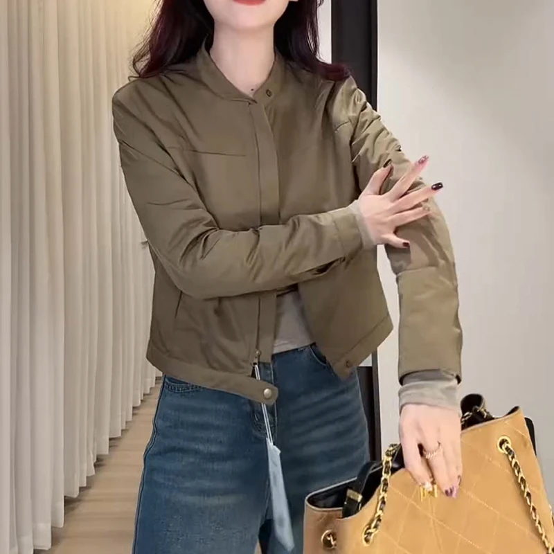 韩版显瘦立领长袖夹克女2026年春秋新款百搭纯色简约开衫短外套