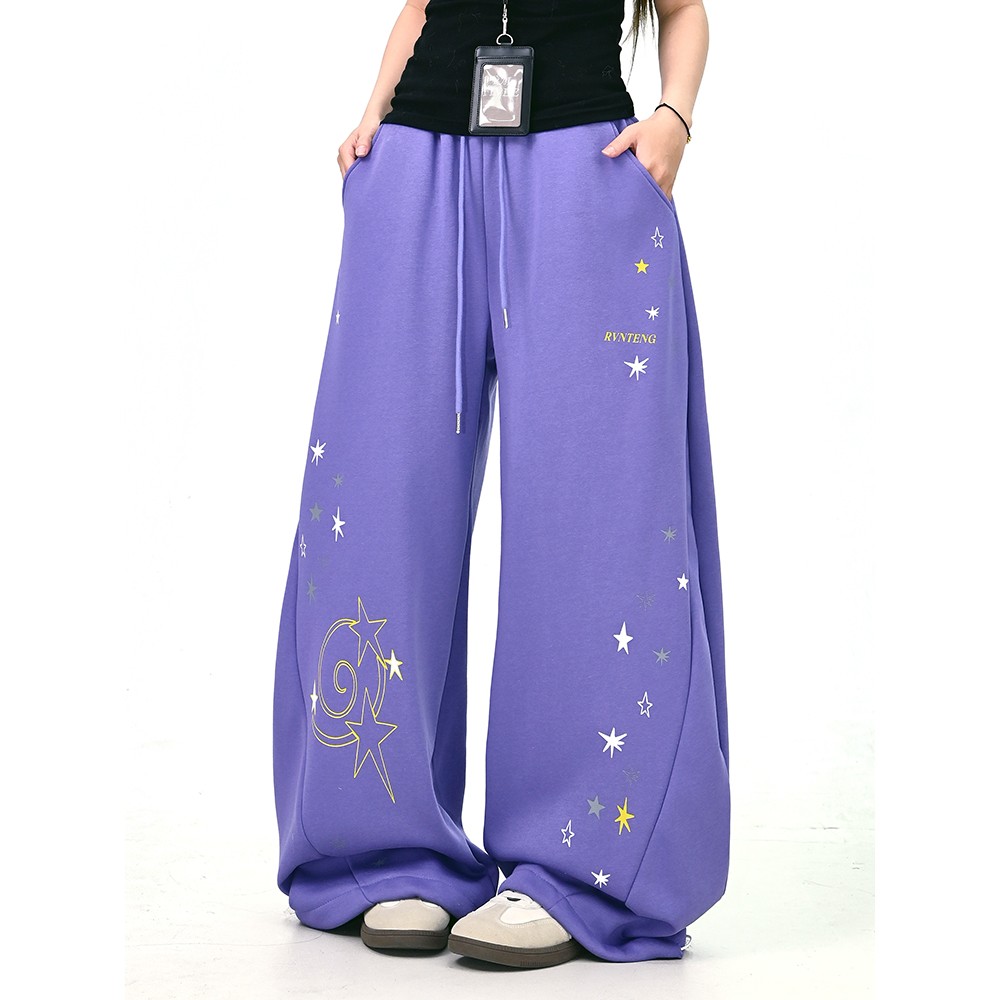 Y-C星星刺绣加绒休闲裤女2025冬季新款宽松bf美式潮牌拖地长裤