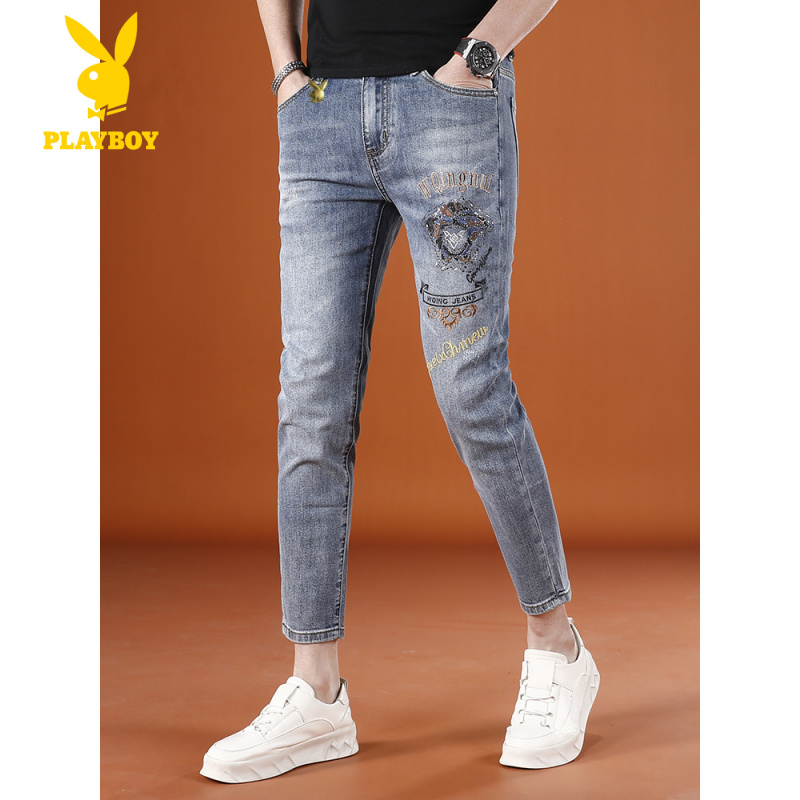 花花公子美式高端潮牌刺绣烫钻九分牛仔裤男弹力修身小脚裤夏季薄