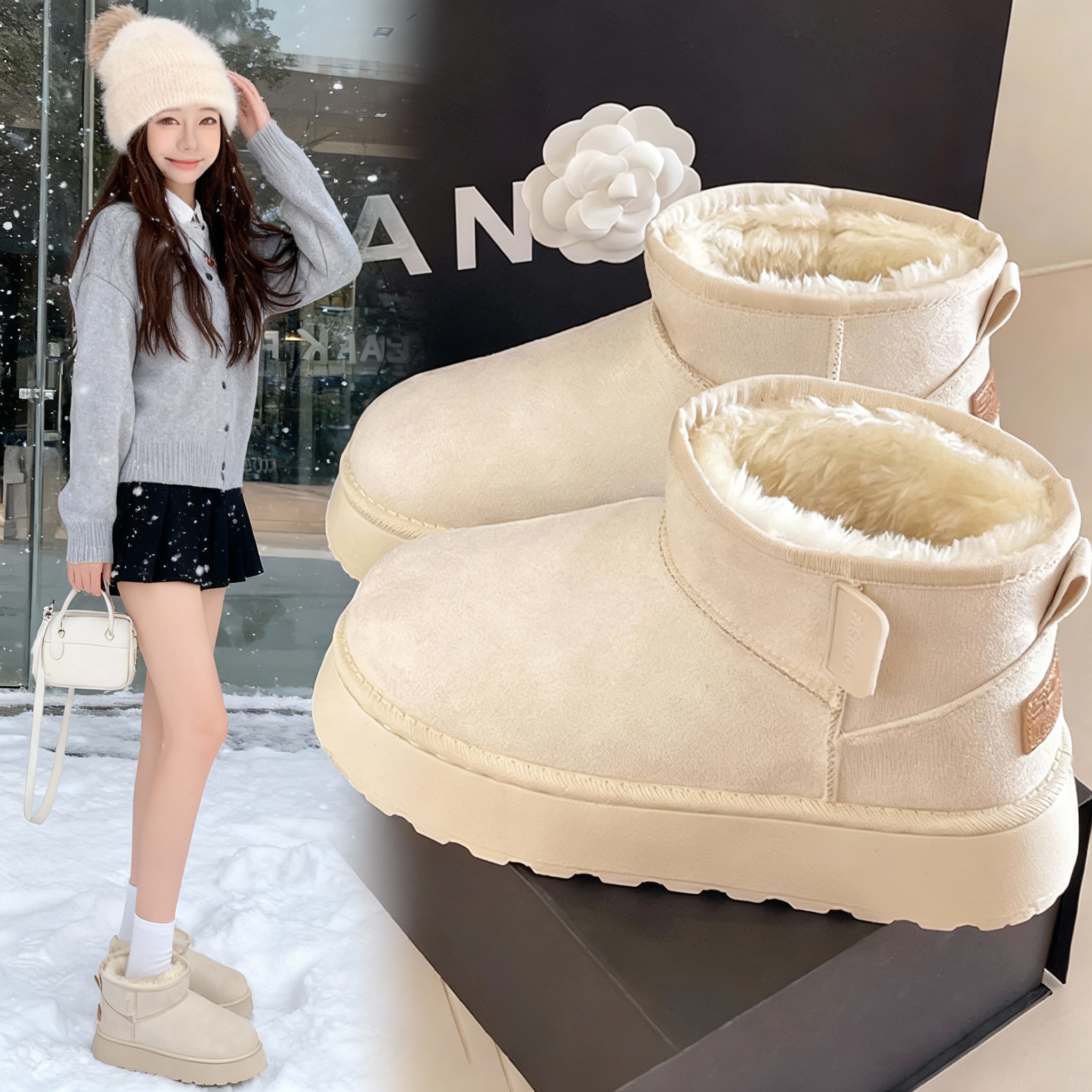 白色厚底雪地靴女2025冬季新款加绒加厚保暖防滑皮毛一体东北棉鞋