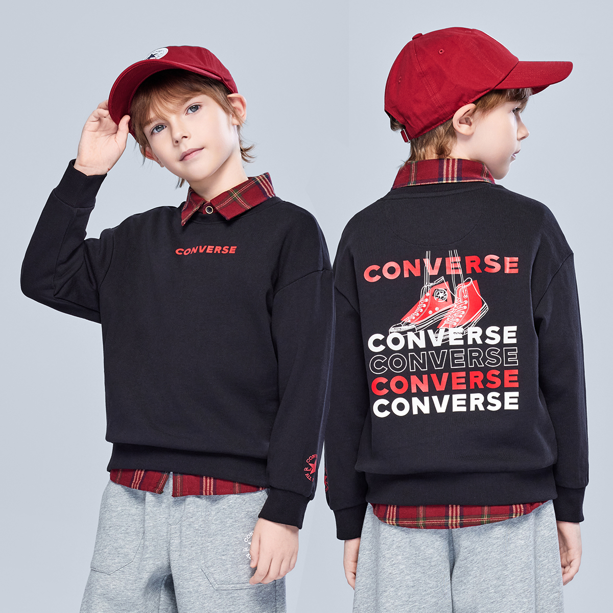 Converse匡威儿童长袖舒适圆领印花2025春秋季套头无帽卫衣J617